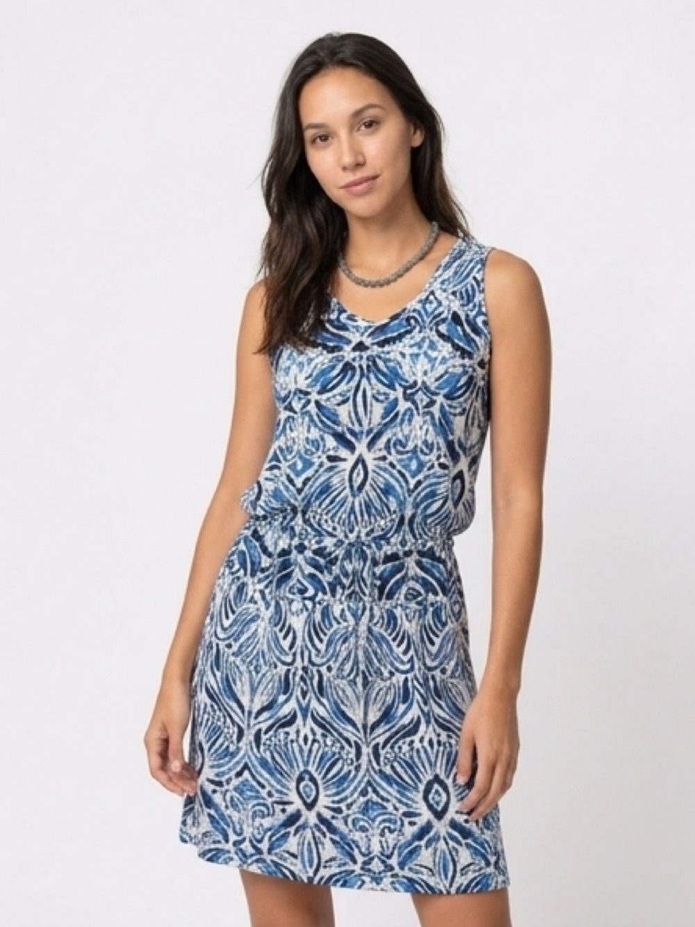 Faded Glory; Blue and White, Paisley, Sleeveless, V-Neck Dress.